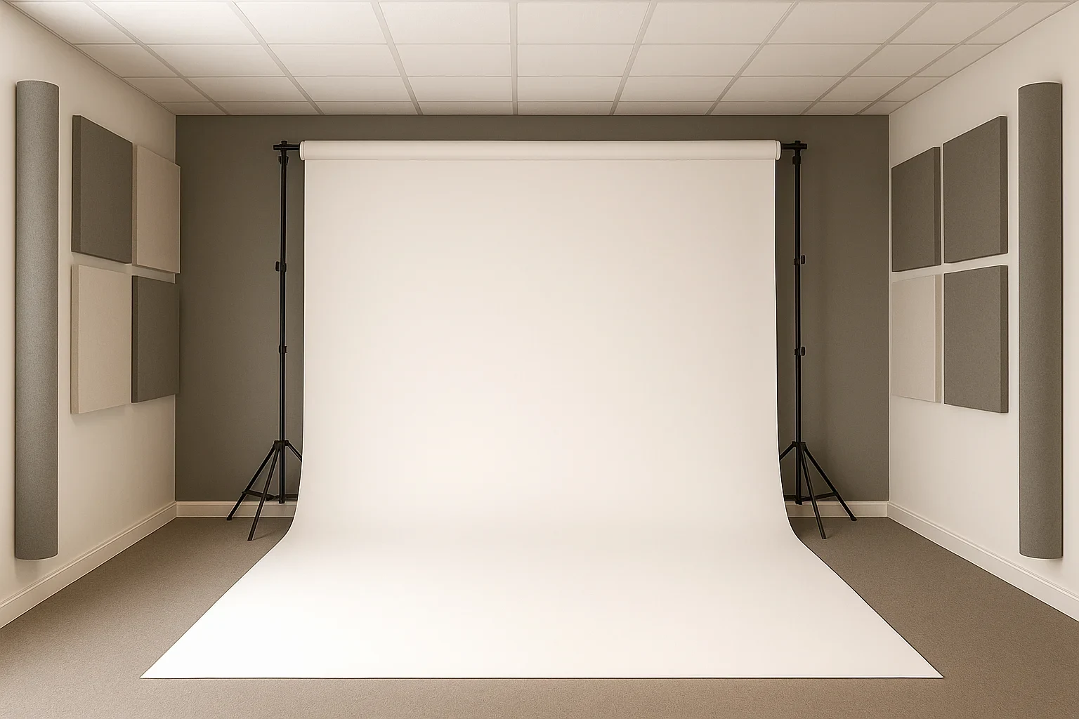 Innenraum eines Aufnahmestudios mit weißem Hintergrund und weißen und grauen Akustikpanelen an den Wänden