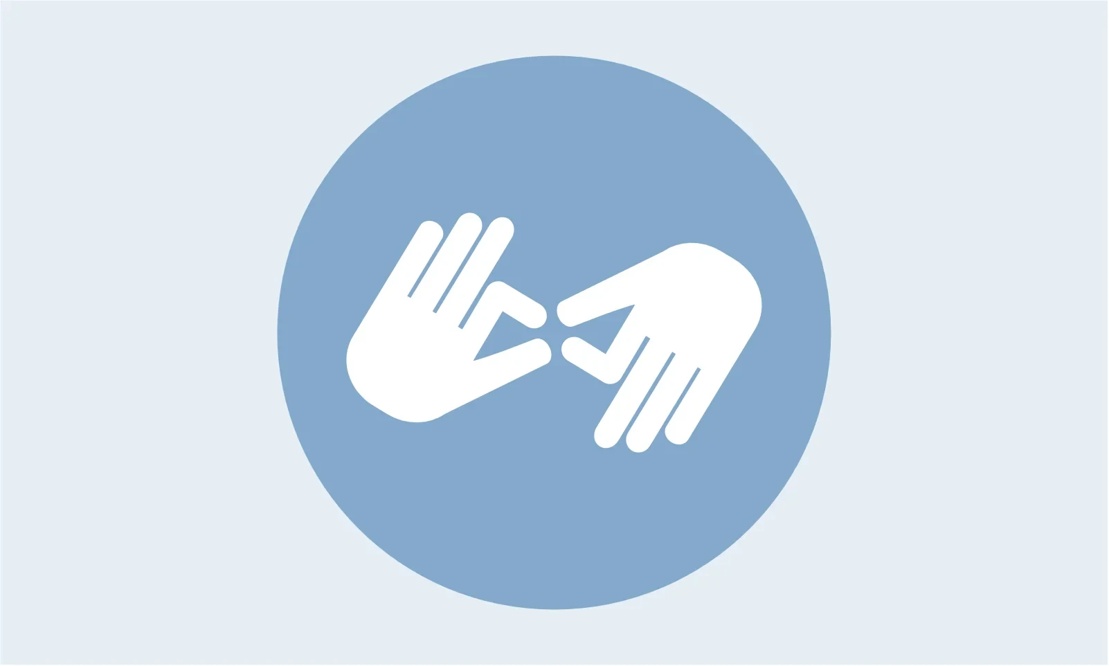 Grafik: Zwei weiße Hände, die ein Zeichen in der Gebärdensprache formen, auf blauem Kreis