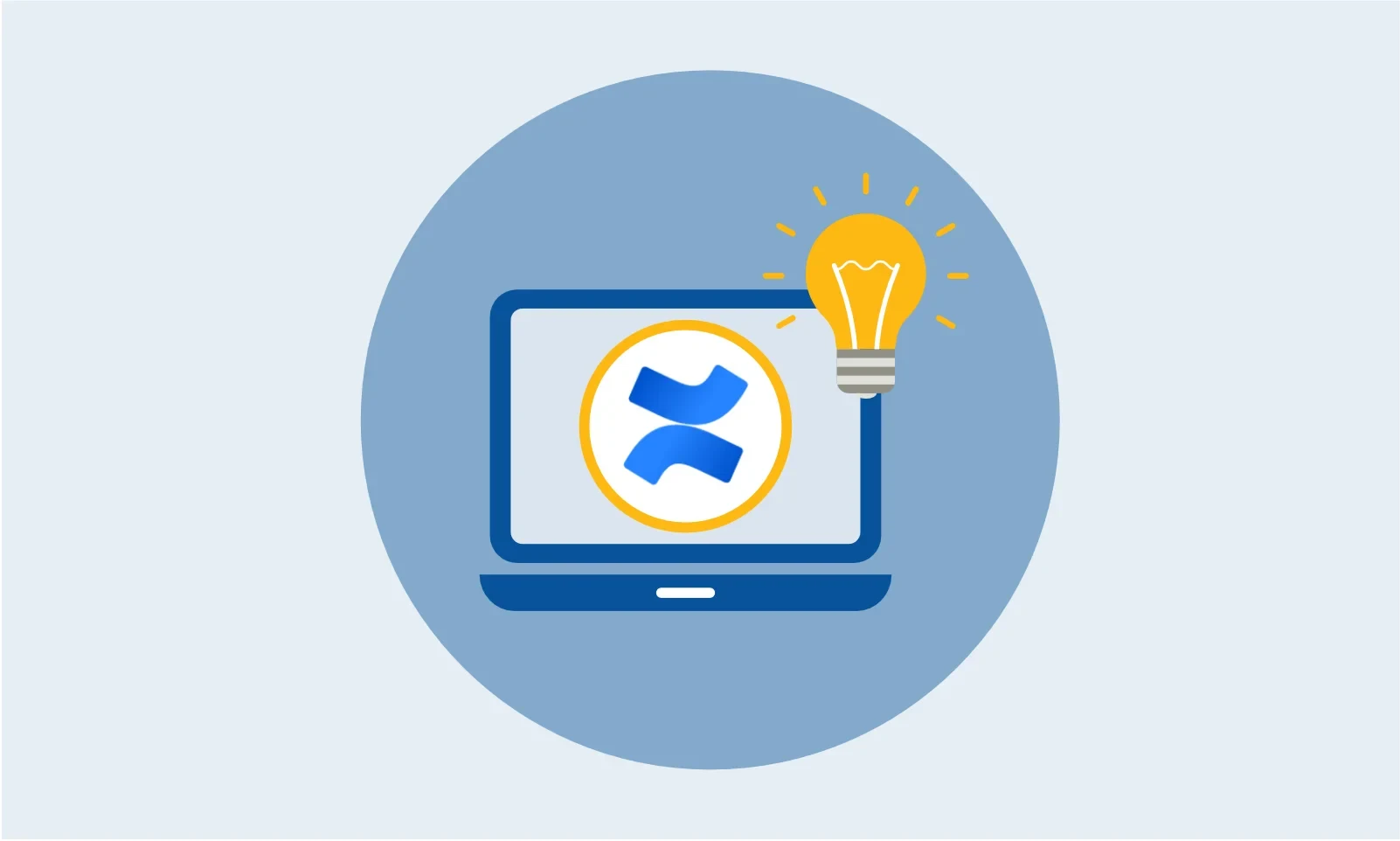 Grafik: Geöffneter Laptop mit dem Confluence-Logo auf dem Bildschirm, über dem Laptop eine Glühbirne