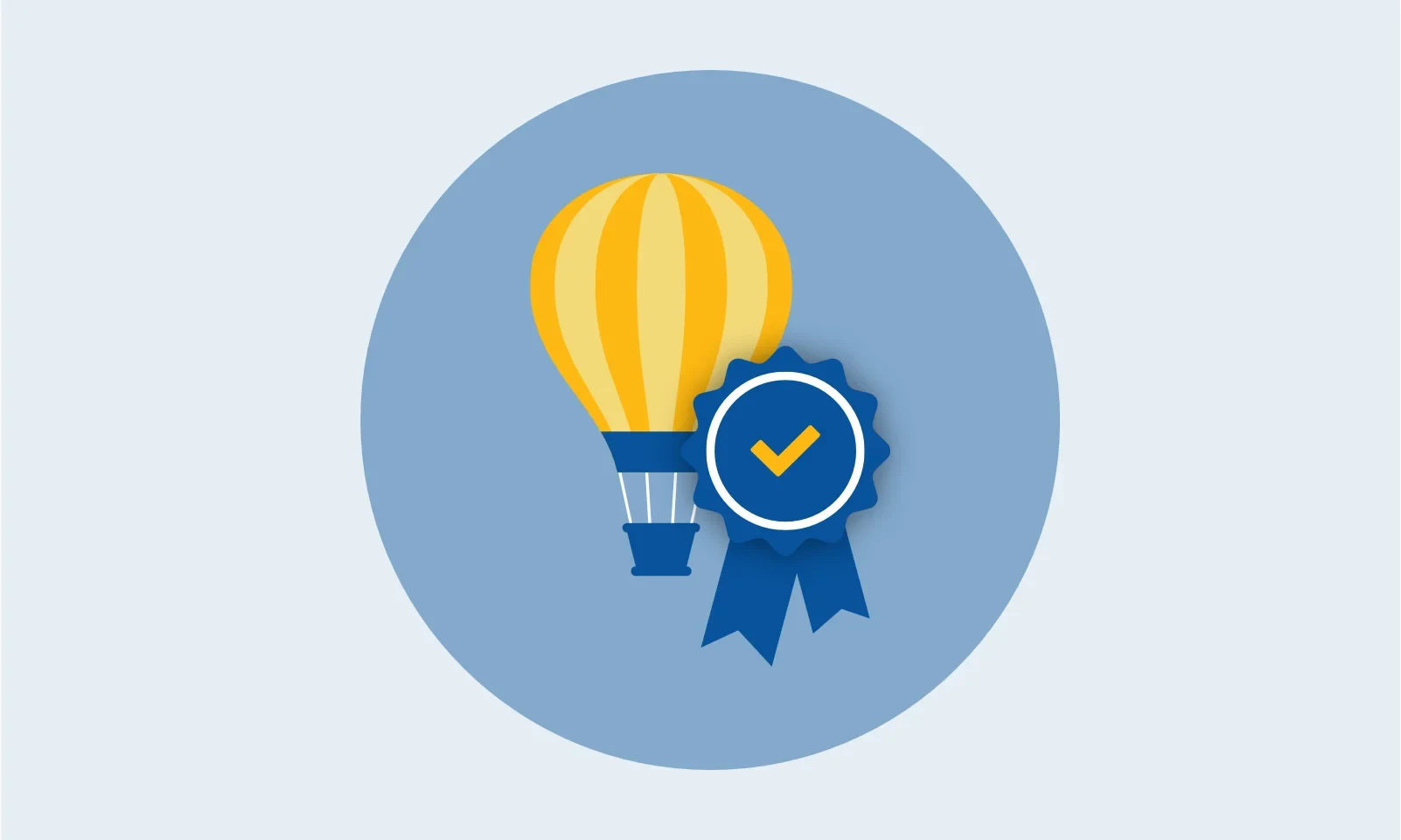 Grafik: Gelb gestreifter Luftballon (Luftfahrzeug) auf einem blauen Kreis, davor eine blaue Medaille mit einem gelben Haken für "geschafft"