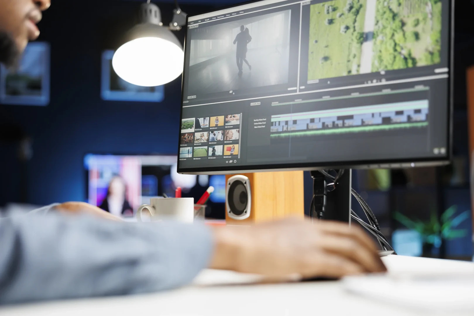 Computerbildschirm mit einer Videobearbeitungssoftware drauf, von der Person, die da gerade arbeitet, sieht man nur von links die Hand und einen kleinen Teil des Gesichts in der oberen linken Ecke.