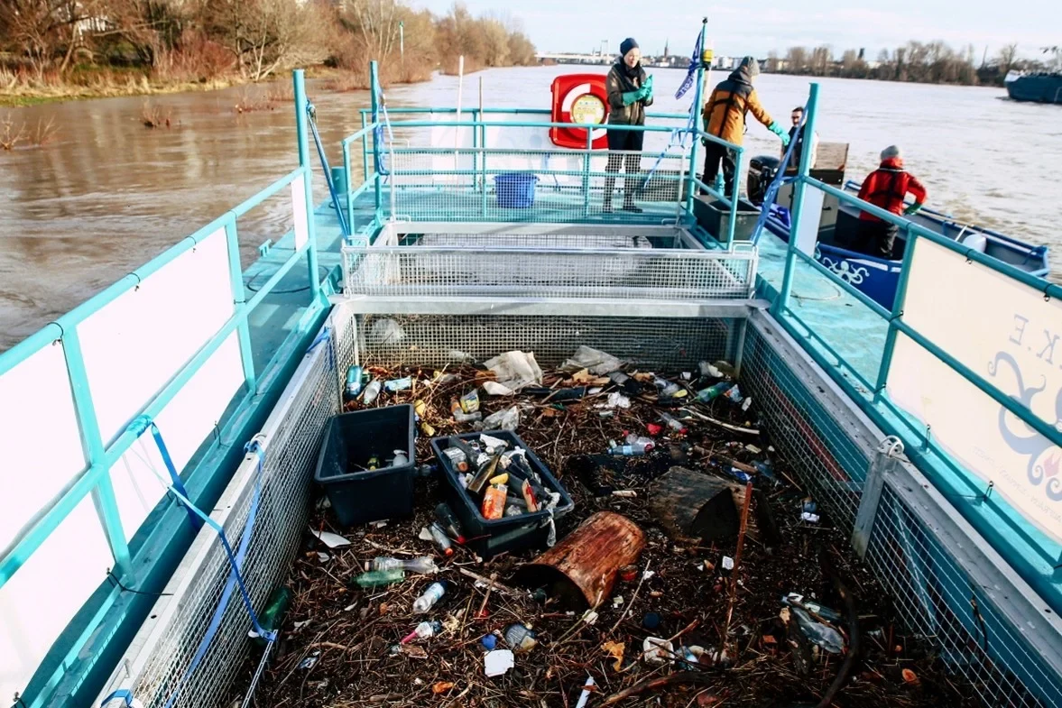Blick in den vollen Fangkorb der RheinKrake nach zwei Wochen.