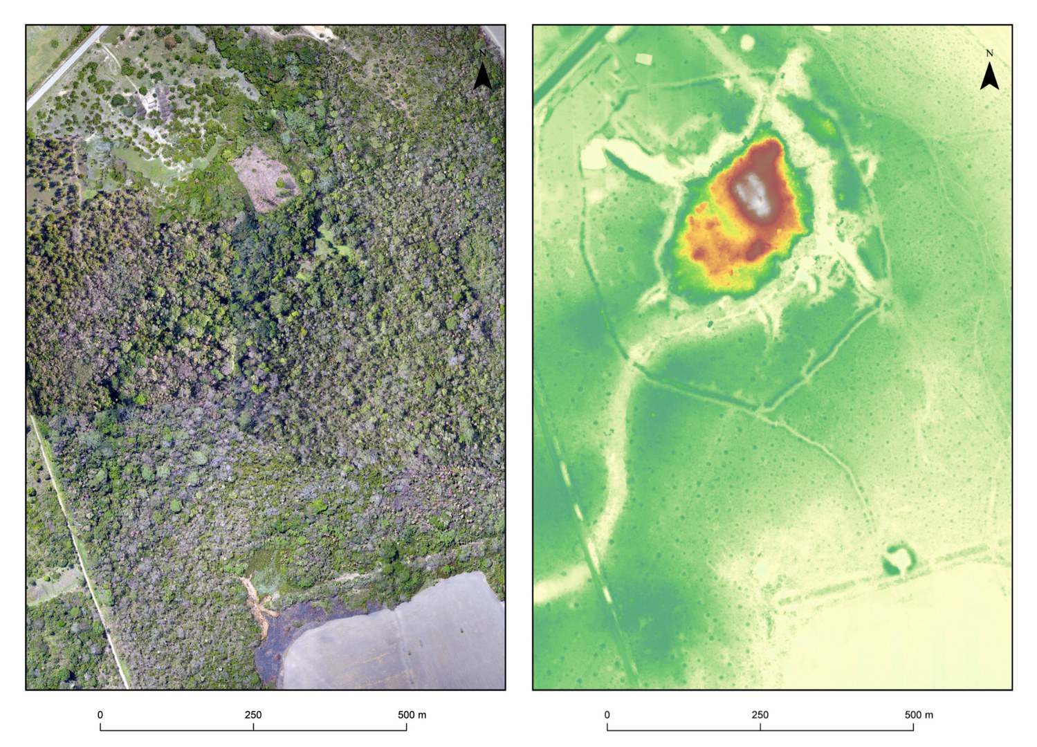 Zwei Bilder von exakt demselben Bereich des Salvatierra-Geländes. Links: Fotomosaik aus Drohnenaufnahmen, rechts: Lidar-Aufnahme
