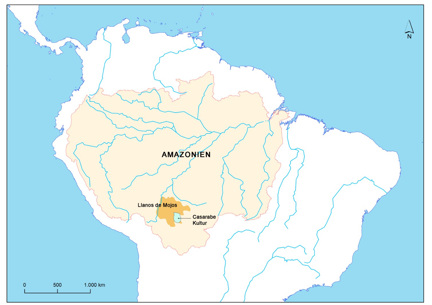 Karte der Llanos de Mojos-Savanne und des Gebiets der Casarabe-Kultur