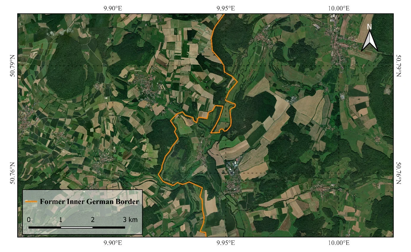 Satellitenbild von Agrarlandschaften an der ehemaligen innerdeutschen Grenze