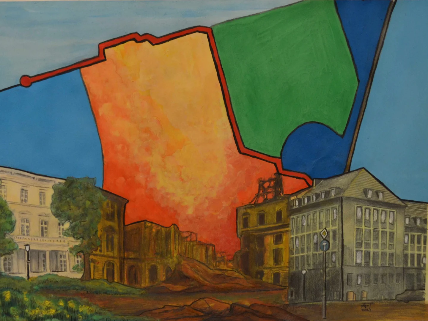 Drei Standorte des Instituts in einer Zeichnung von Anna Thinius