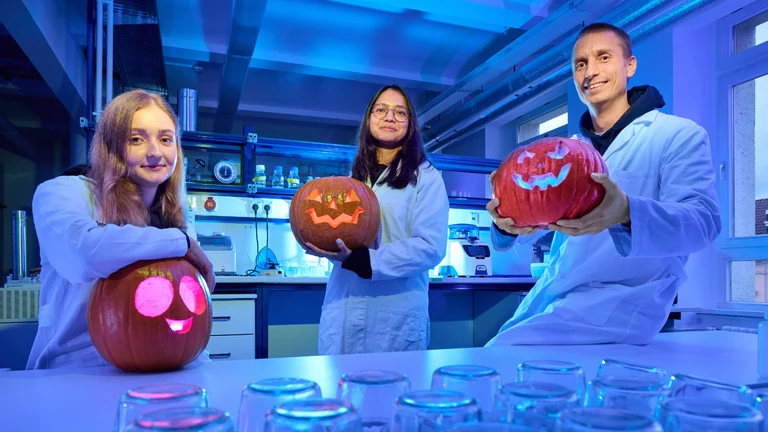 Von links nach rechts: Marie Hagedorn, Nancy Choudhary und Prof. Boas Pucker wünschen Happy Halloween!