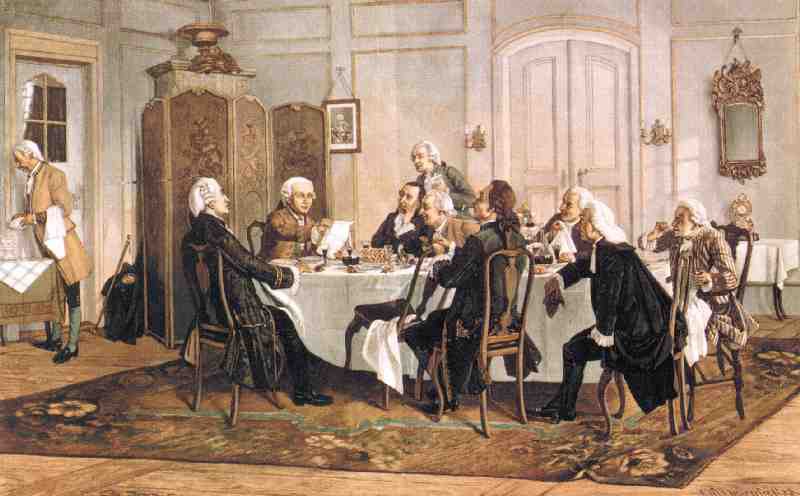 Kants Einladungen zum Mittagessen: Kant lebte eher zurückgezogen. Dennoch lud er häufig zu Mittagsrunden und Gesprächskreisen ein. Mit den führenden Persönlichkeiten der Stadt diskutierte er in seinem Haus über aktuelle politische und gesellschaftliche Themen. Einzige Bedingung: Über Philosophie wurde nie gesprochen.