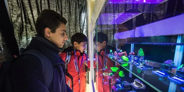 Zwei Schüler betrachten eine Glasvitrine mit Gesteinen.