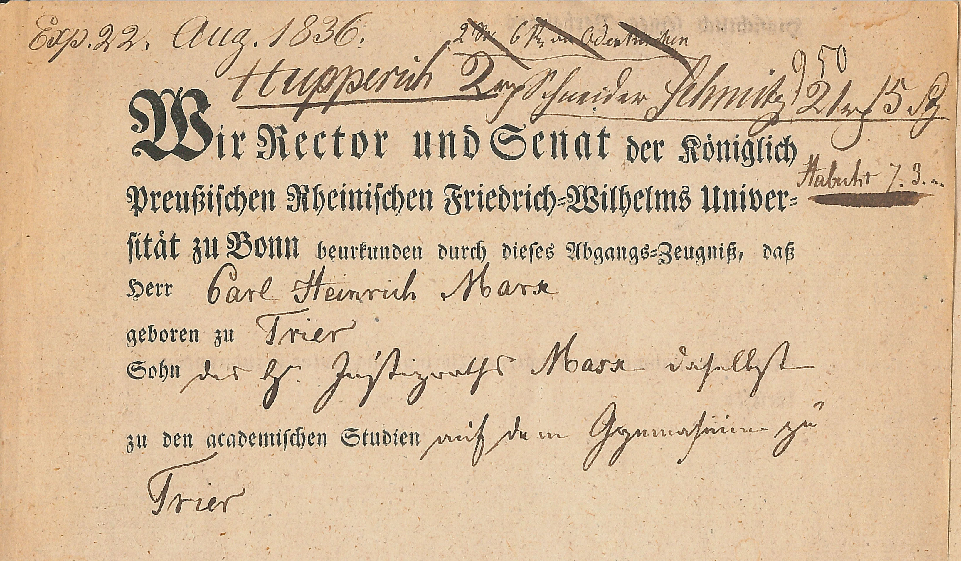 Exmatrikulationsurkunde Carl Marx