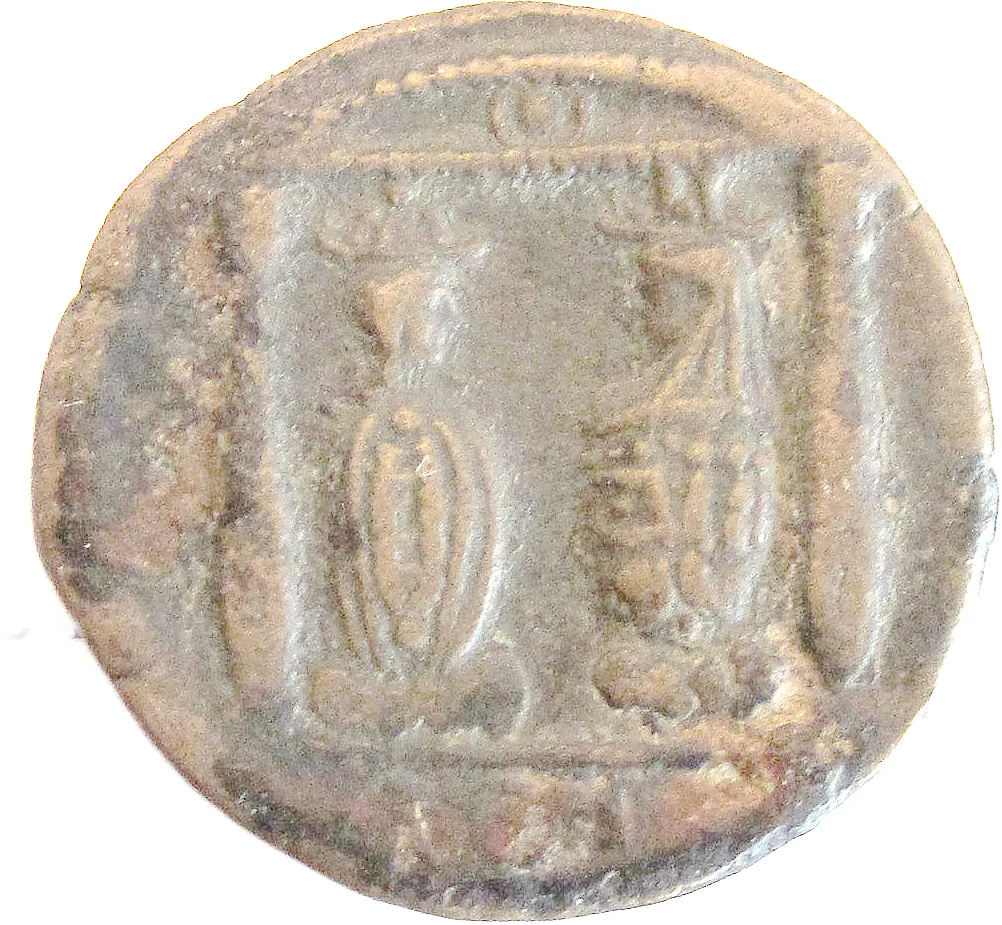 Bronzemünze mit Darstellung der Götter Isis und Serapis