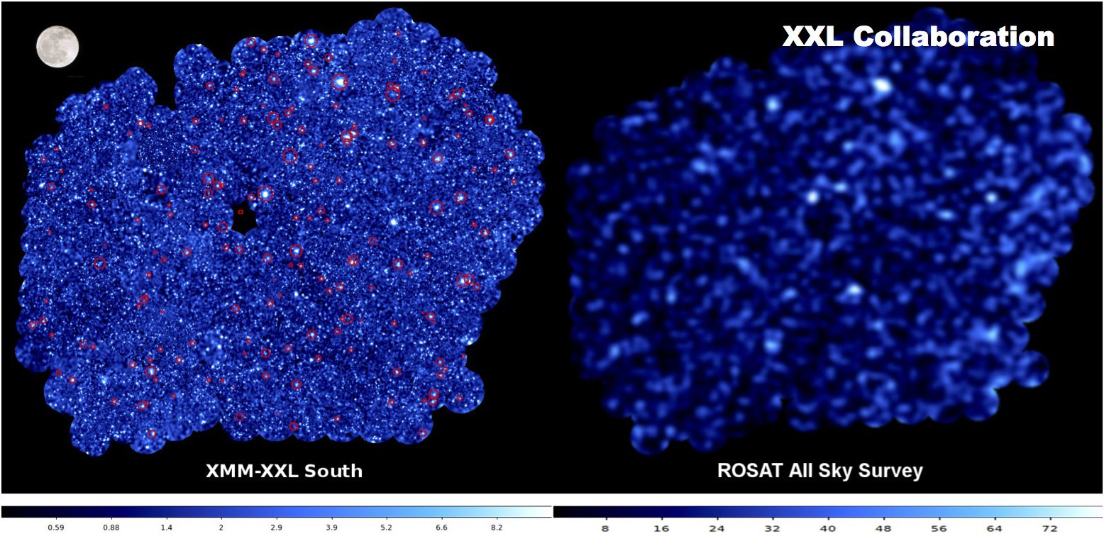 Das linke Bild zeigt die Röntgenkarte das südlichen Teils der XXL-Untersuchung: