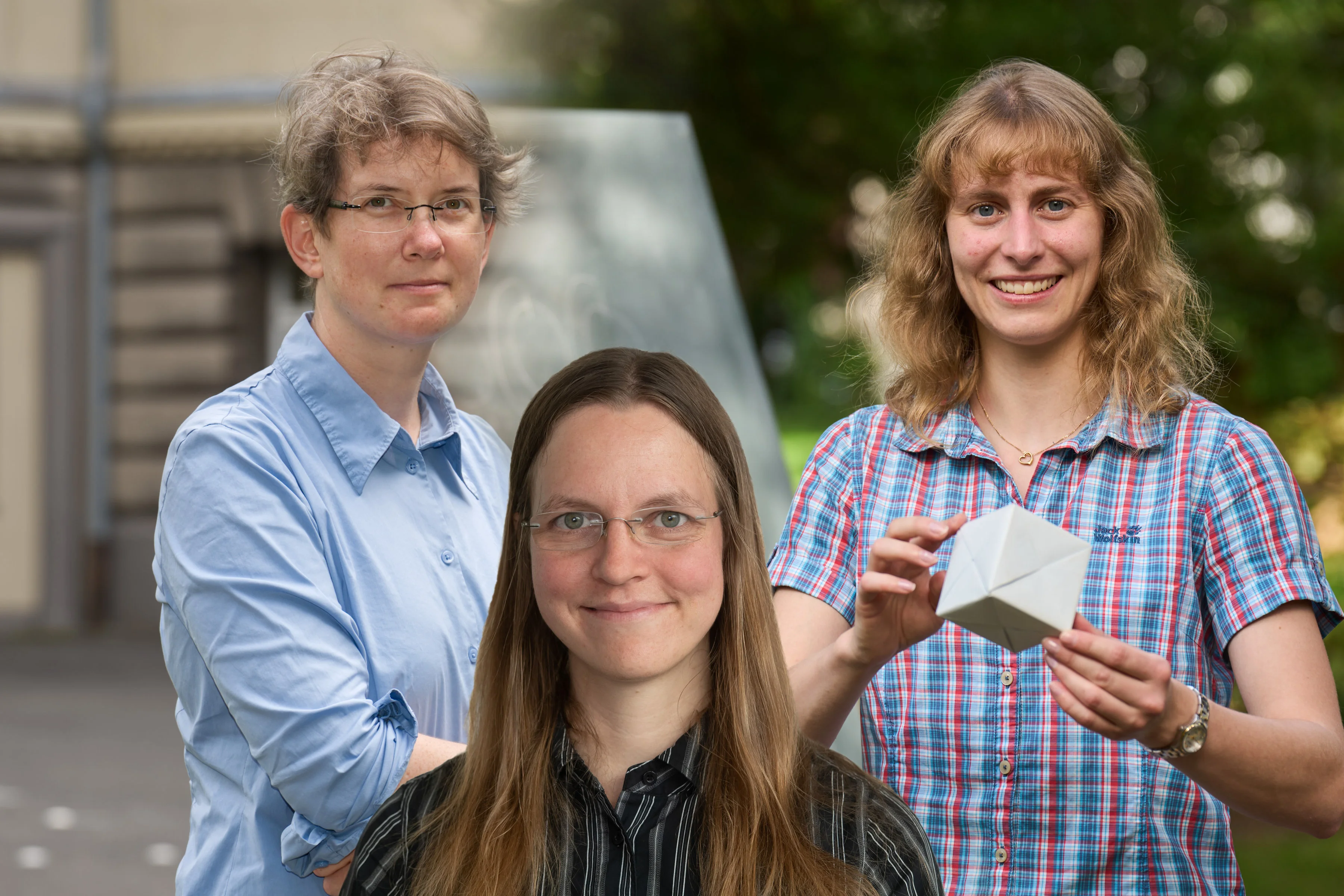 A trio of world-class female mathematicians at the HCM: Angkana Rüland (left), Jessica Fintzen (center) and Lisa Sauermann (right). 