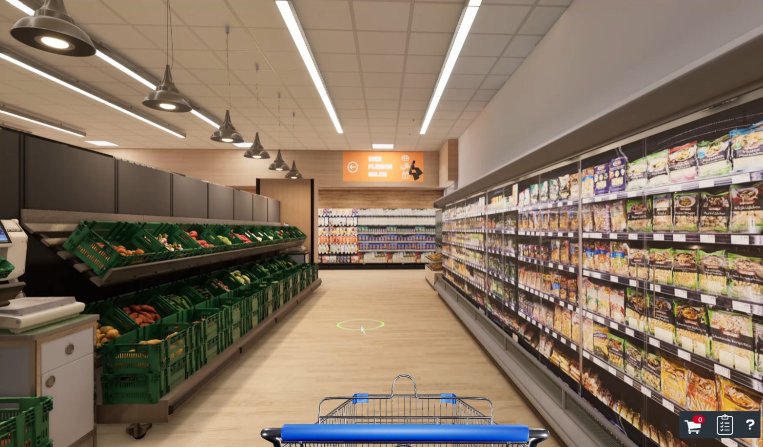 The test subjects push a shopping cart through the supermarket aisles: