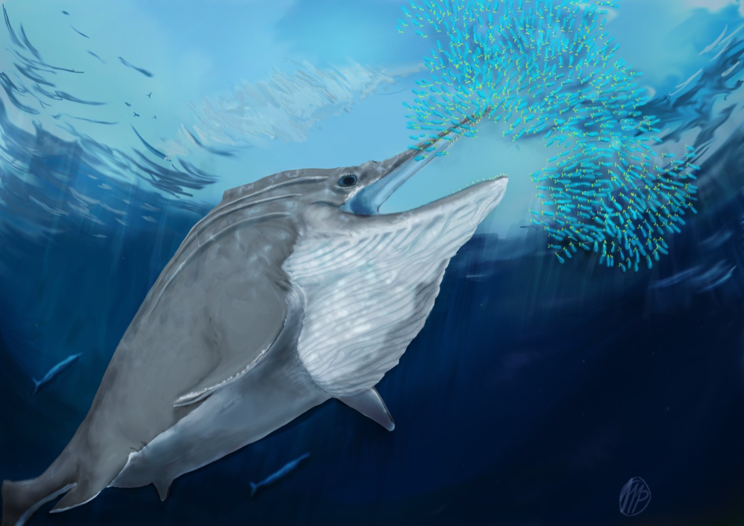 Life reconstruction of a giant ichthyosaur from the Late Triassic bulk-feeding on a school of squid.