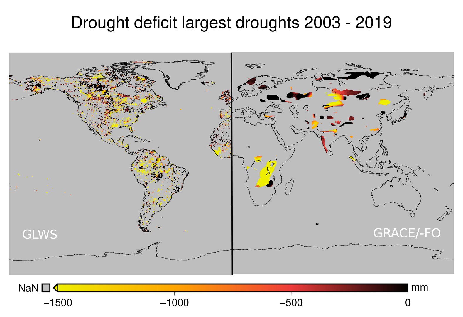 Water deficit caused by the longest droughts (at least nine months)