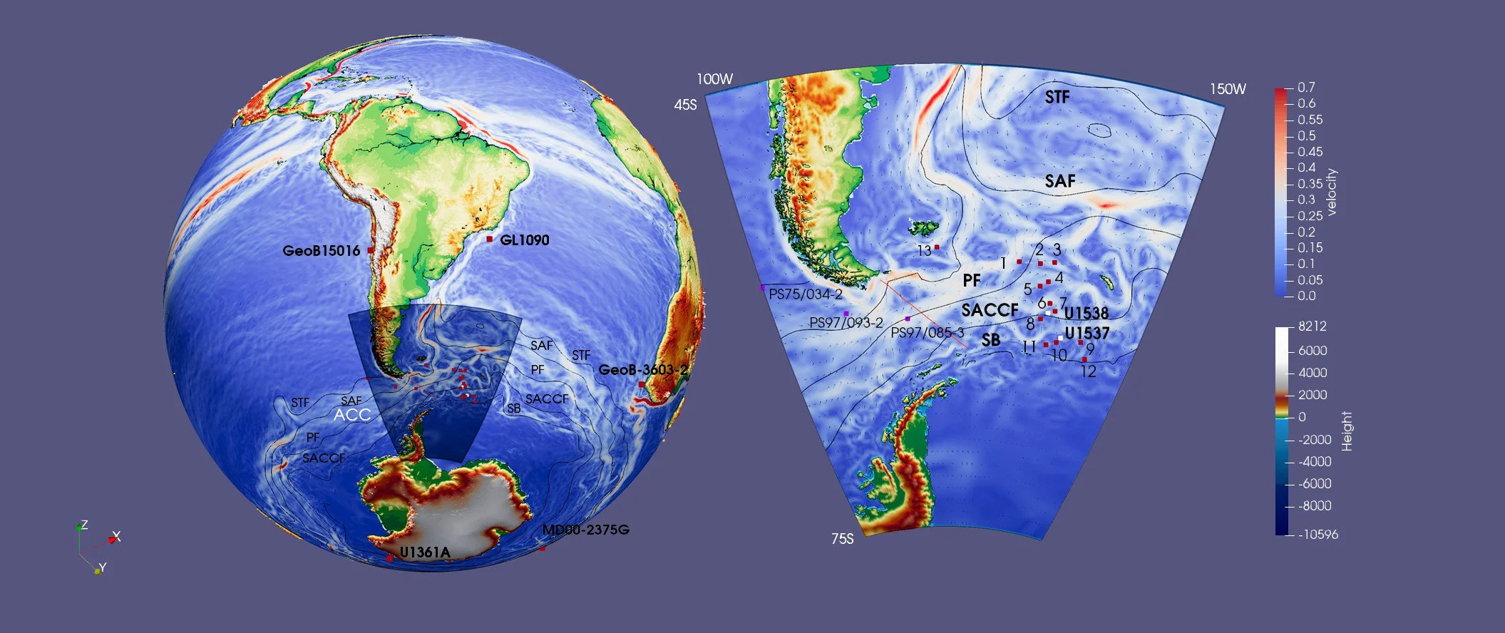 The maps show today’s (Holocene) global ocean surface currents