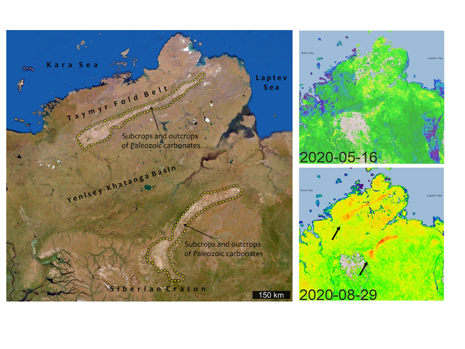 Esquerda: Imagem de satélite do Norte da Sibéria. - Duas áreas de calcário paleozóico são marcadas com linhas tracejadas amarelas. Superior direito: concentração de metano medida por satélite em maio de 2020; inferior direito: em agosto de 2020. © N. Froitzheim & D. Zastrozhnov, usando dados do GHGSat (https://pulse.ghgsat.com/)