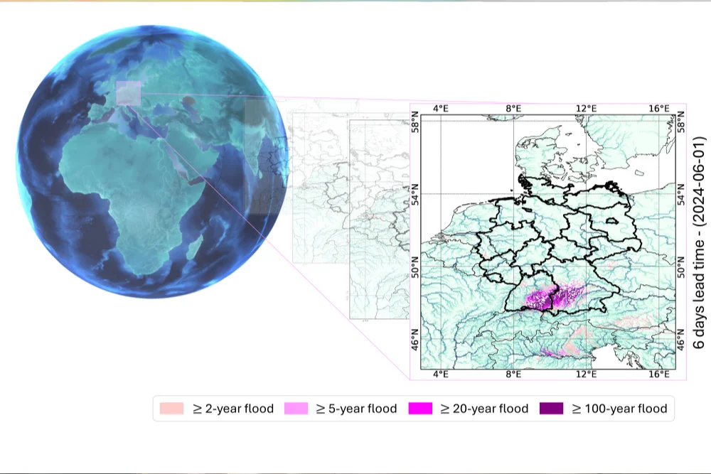 Flood forecast using the AI model “RiverMamba”: