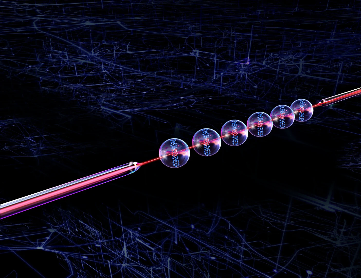 Illustration of a tapered optical fiber the size of a nanofiber, to which a row of superatoms has been coupled