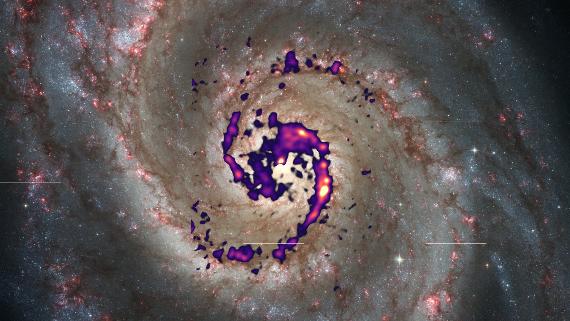 This illustration depicts the distribution of diazenylium molecule radiation (false colours) in the Whirlpool Galaxy, compared with an optical image.