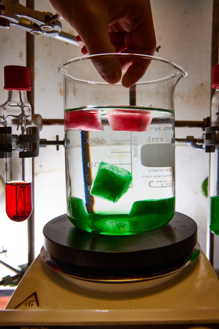 Illustrative experiment: The red cubes made of molded water ice float to the top normally. The green cubes of heavy water sink.