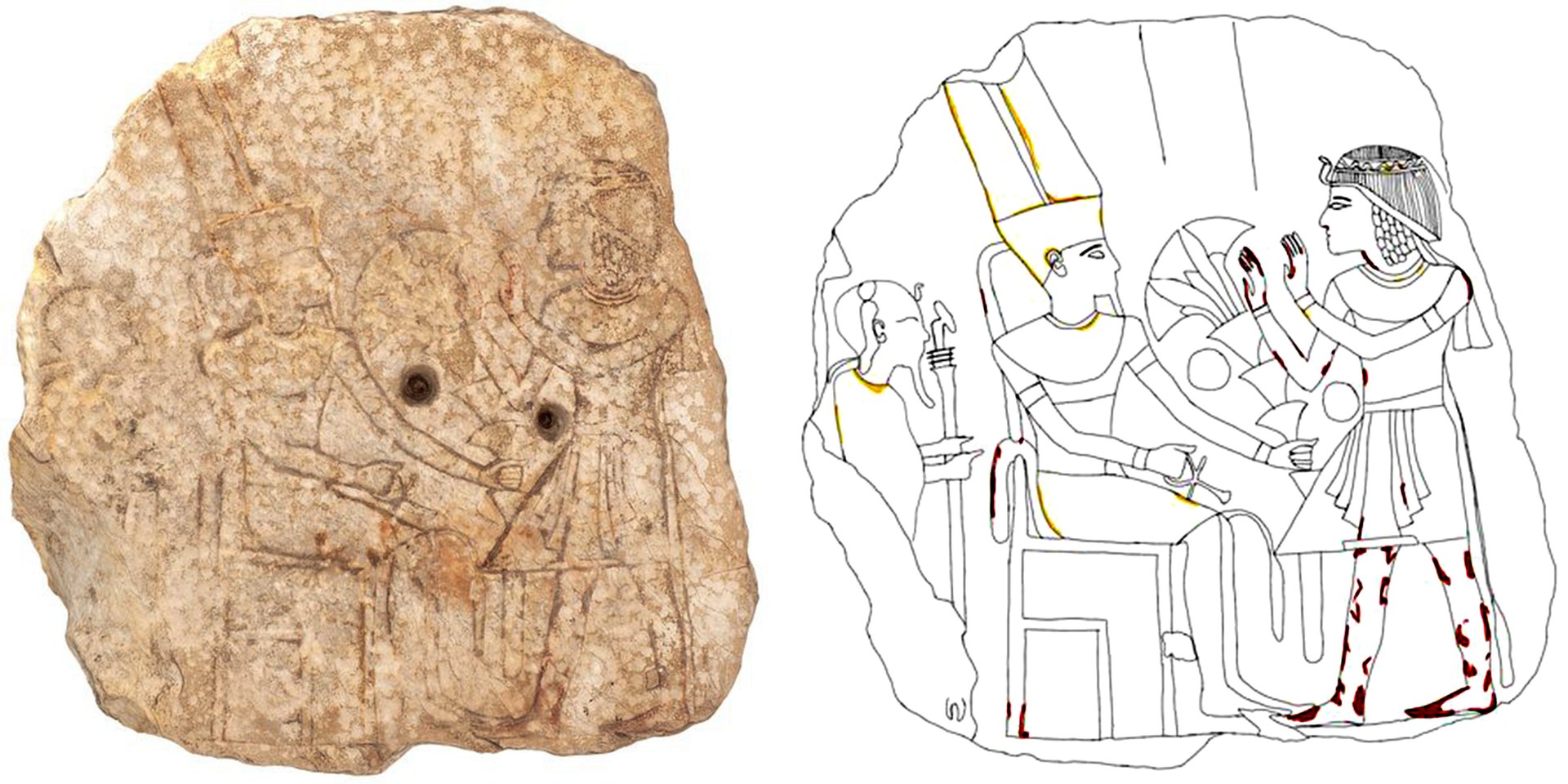 Image of the front of the stele (left) with sketch (right),
