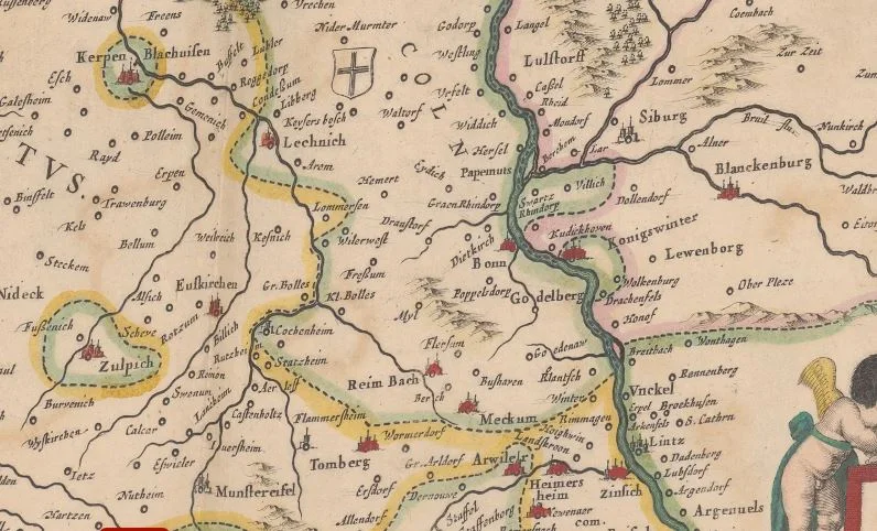 An old map of the rhineland around Bonn