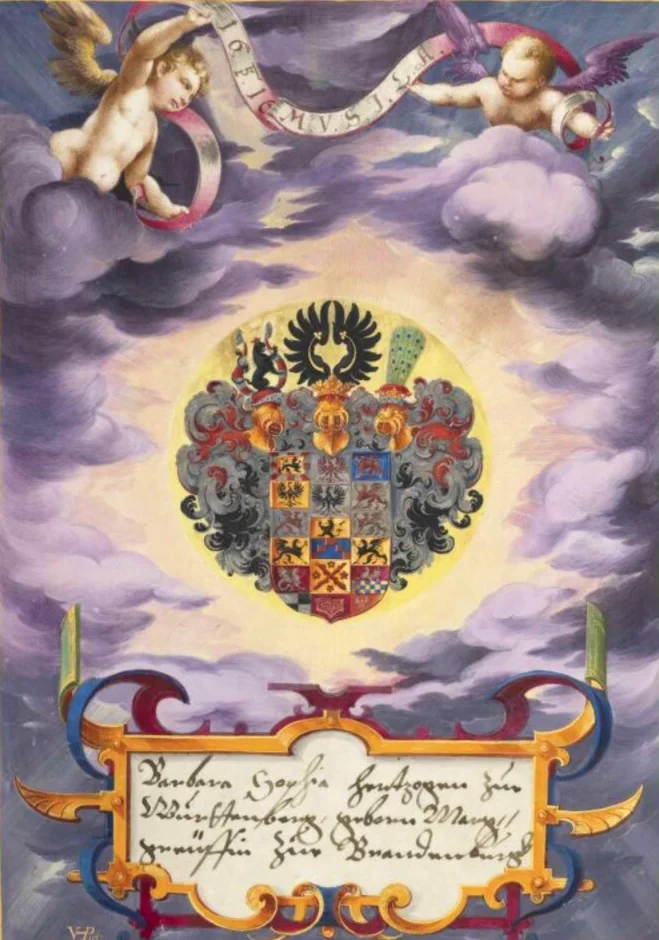 Conventional pictorial elements were used here to create a very confident and radiant representation of the houses of Brandenburg and Württemberg. The entry was created with Barbara Sophia, Duchess of Württemberg, née Margravine of Brandenburg. The motto, abbreviated as MVSICA, can be interpreted as either: M[y] T[rust] R[esides] I[n] C[hristo] A[lone] or: M[ea] V[nica] S[pes] I[esus] C[ristus] A[men], meaning: My only hope is Jesus Christ. Amen.  Translated with DeepL.com (free version)