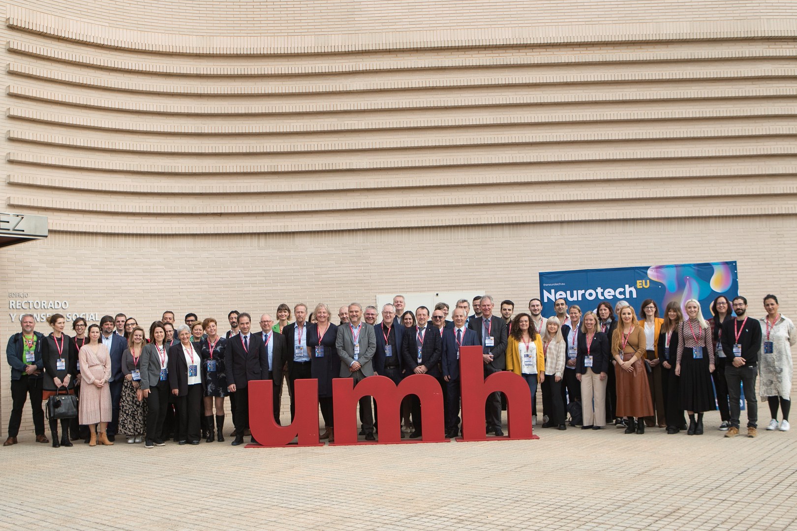The meeting attendees in Alicante outside a building on campus at Universitas Miguel Hernández.