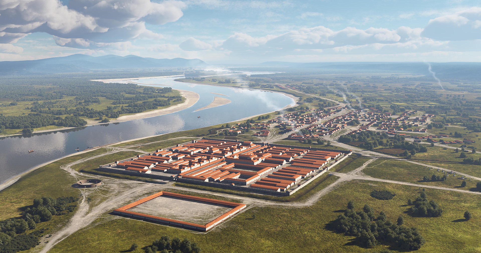 Idealized digital illustration of the Roman legionary camp and the camp suburb of Bonn, looking south.