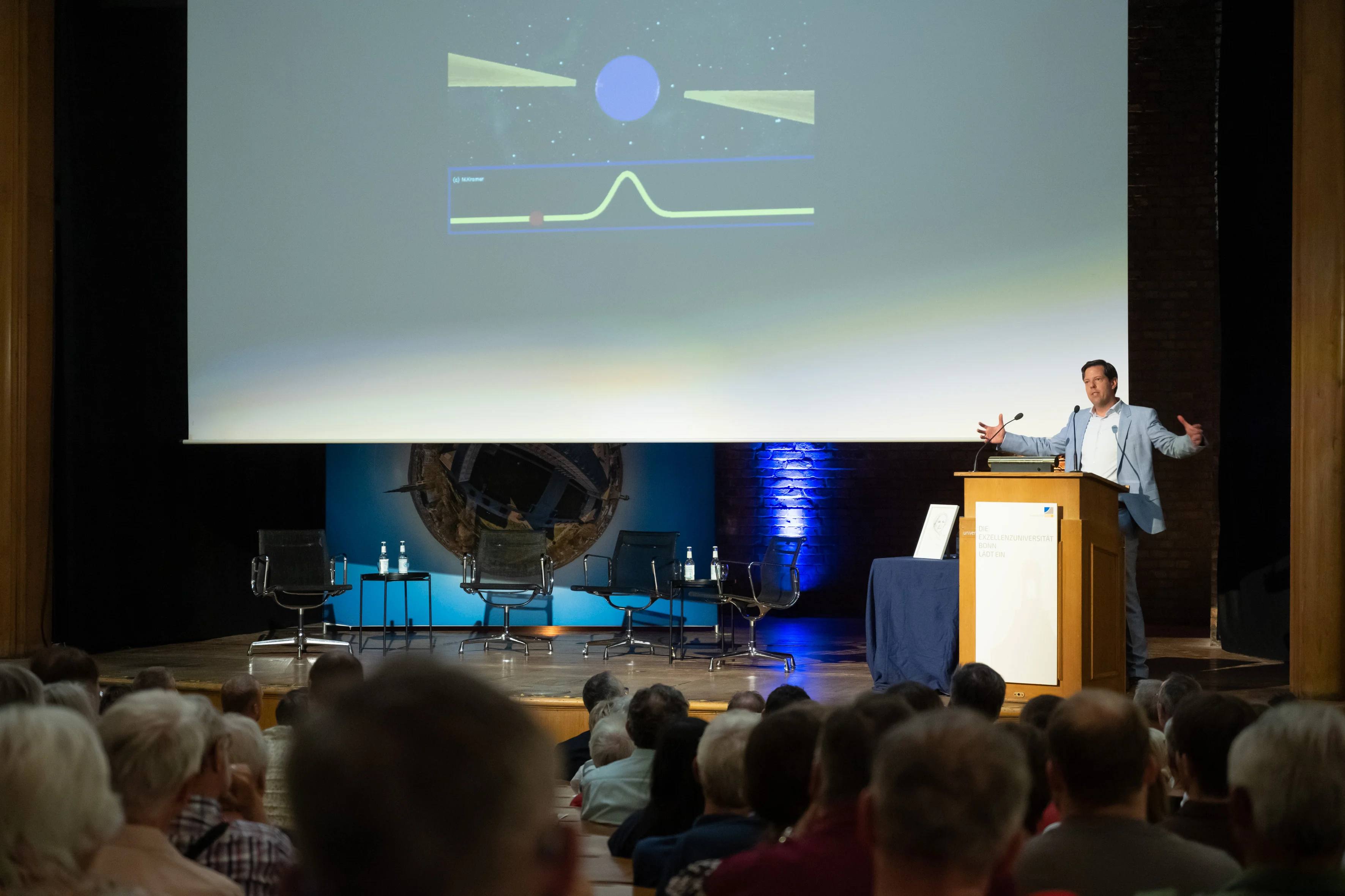 He used an animation to illustrate the rotation and radiation of a star.