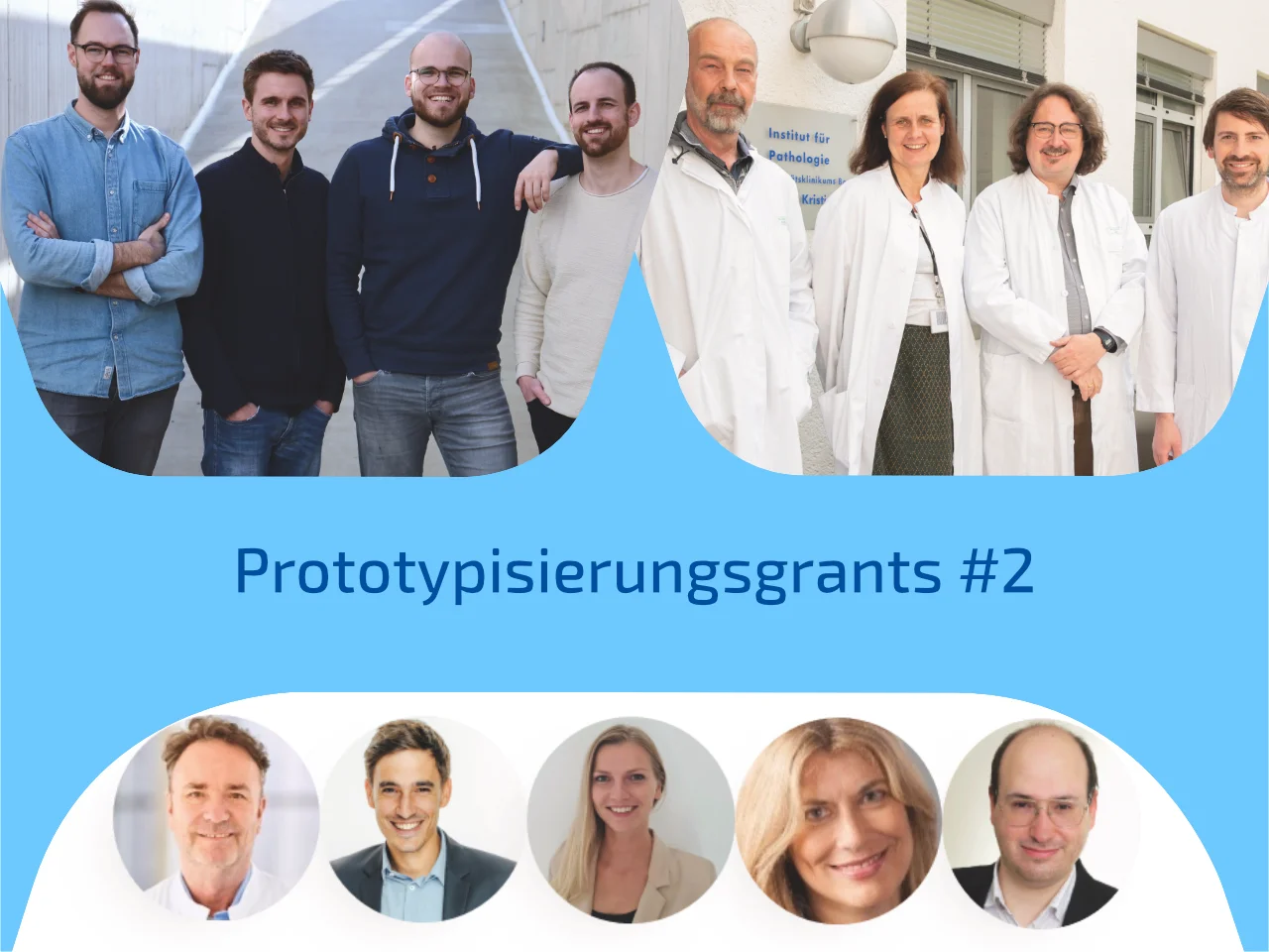 These teams will receive a prototyping grant in Round 2: Sweeternative (Jorge de Heuvel, Jannick Dülberg, Marcel Hövels, André Neff); All-in-One Test (Thomas Mayr, Ines Gütgemann, Glen Kristiansen, Damian Ralser - not pictured: Alexander Mustea, Andreas Buness, Anshupa Sahu); Trackognize (Christoph Helmstaedter, Kris Leipzig, Jacqueline Lohmann, Vivian Radicke, Thorsten Rings) [from left].