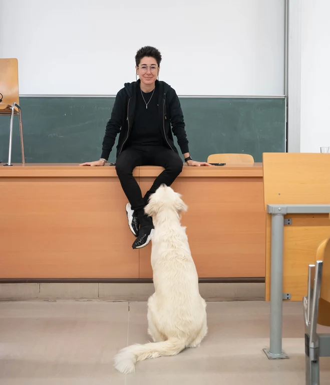 Wilma the dog is a constant companion.